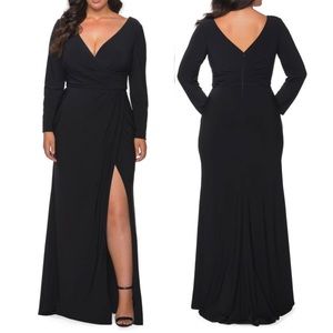 LA FEMME Long Sleeve Faux Wrap Gown NEW Black Size 18W Dress